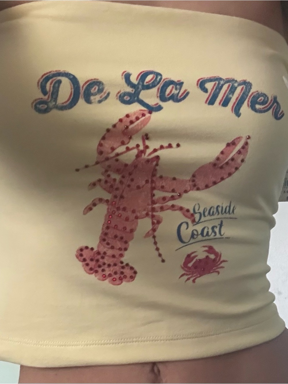 Butter Yellow Tube Top with Pink Lobster "De La Mer" size small